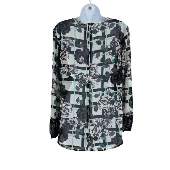 Democracy Women's Floral Sheer Faux Wrap Long Sleeve Blouse Size M - Picture 6 of 11